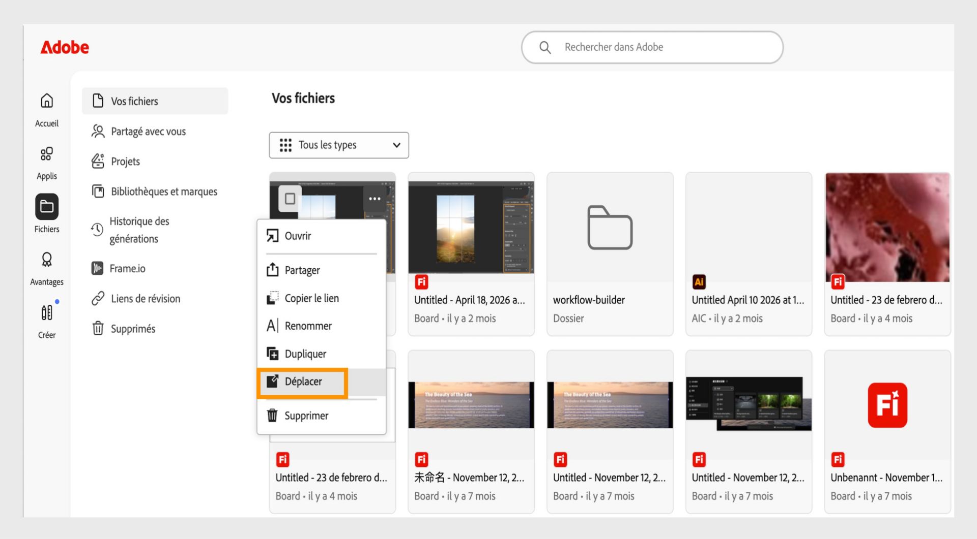 Interface web Adobe montrant le menu d’options d’un fichier ouvert, avec l’option Déplacer mise en surbrillance pour déplacer le document sélectionné.