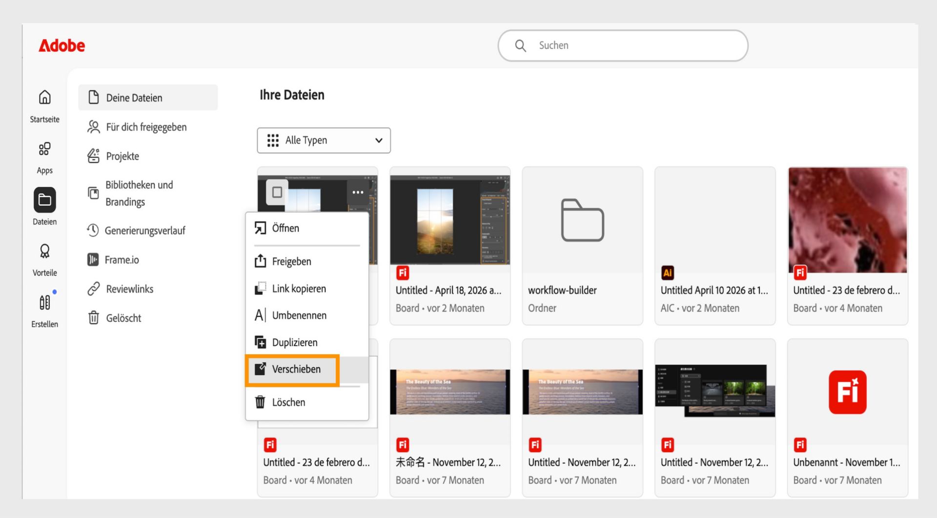 Adobe Web-Oberfläche mit geöffnetem Optionen-Menü einer Datei, wobei die Option „Verschieben“ zum Verschieben des ausgewählten Dokuments hervorgehoben ist.