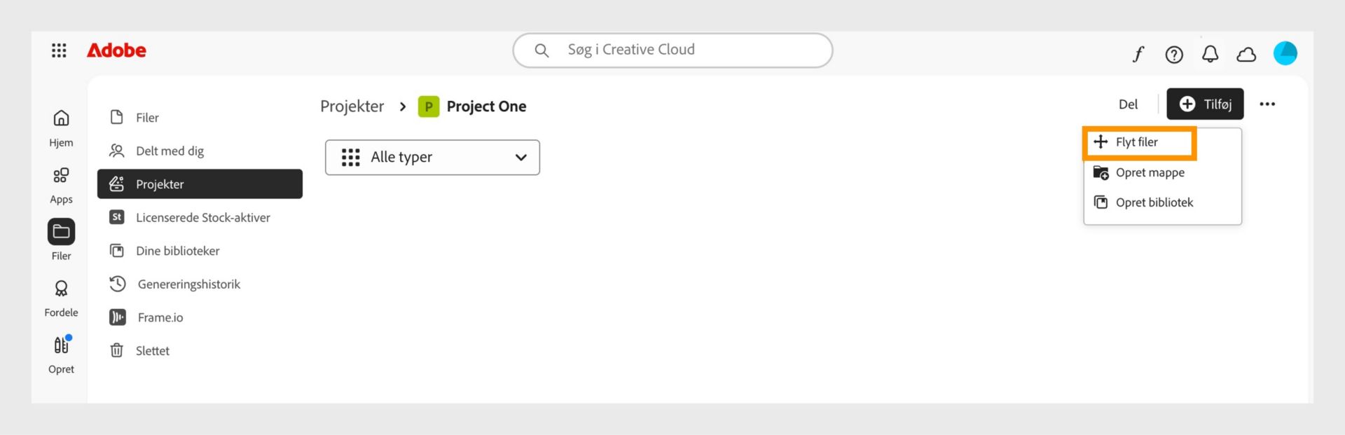 Adobe-grænsefladen viser arbejdsrummet "Projekter". Menuen "Tilføj" er udvidet med indstillingen "Flyt filer" fremhævet, sammen med "Opret mappe" og "Opret bibliotek".