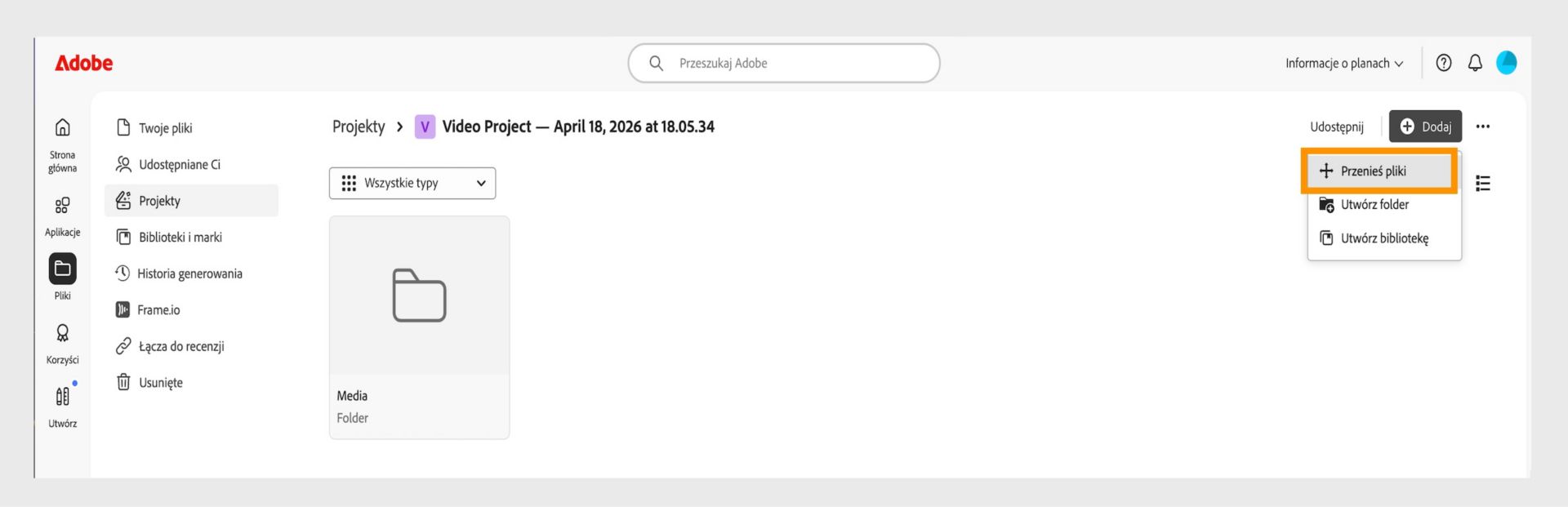 Interfejs Adobe pokazujący Przestrzeń "Projekty". Menu "Add" jest rozwinięte z podświetloną opcją "Move files", obok "Create folder" i "Create library".