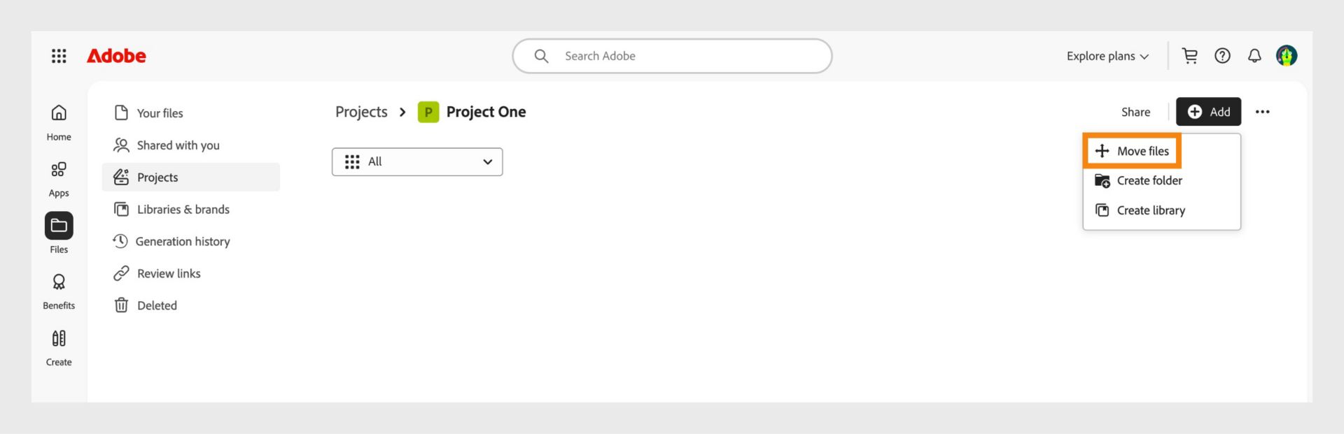 „Adobe“ sąsaja, kurioje rodoma darbo erdvė „Projektai“. Meniu „Pridėti“ išskleidžiamas su paryškinta parinktimi „Perkelti failus“, šalia „Sukurti aplanką“ ir „Sukurti biblioteką“.