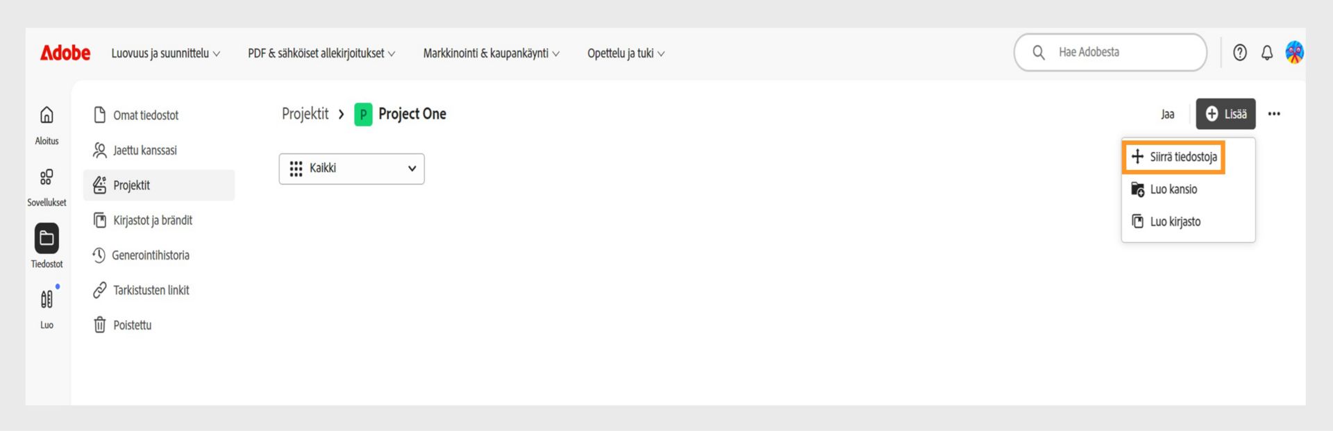 Adoben käyttöliittymä, jossa näkyy Projektit-työtila. Lisää-valikko on laajennettu, ja siinä näkyy Siirrä tiedostoja -vaihtoehto korostettuna Luo kansio- ja Luo kirjasto -vaihtoehtojen kanssa.