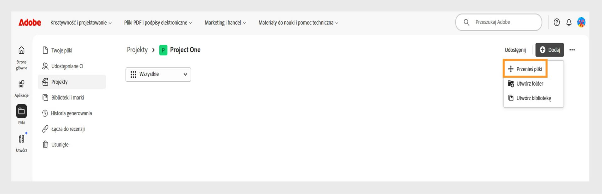 Interfejs Adobe pokazujący Przestrzeń "Projekty". Menu "Add" jest rozwinięte z podświetloną opcją "Move files", obok "Create folder" i "Create library".