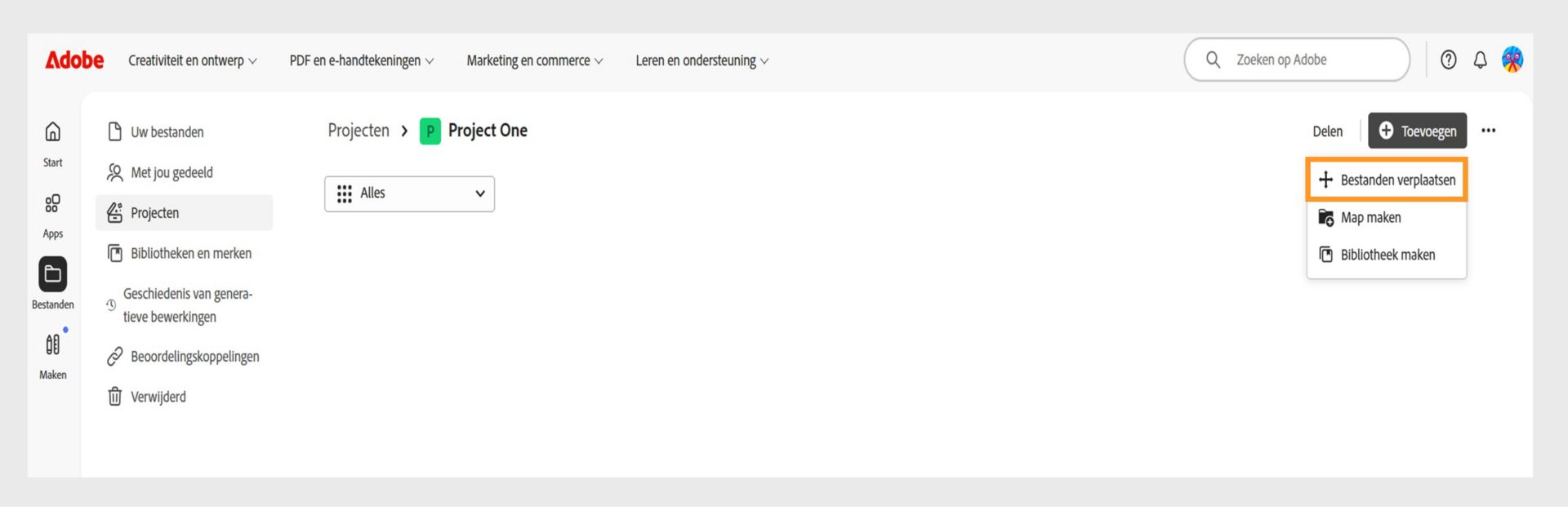 Adobe-interface met de werkruimte "Projects". Het menu "Toevoegen" is uitgeklapt met de optie "Bestanden verplaatsen" gemarkeerd, naast "Map maken" en "Bibliotheek maken".