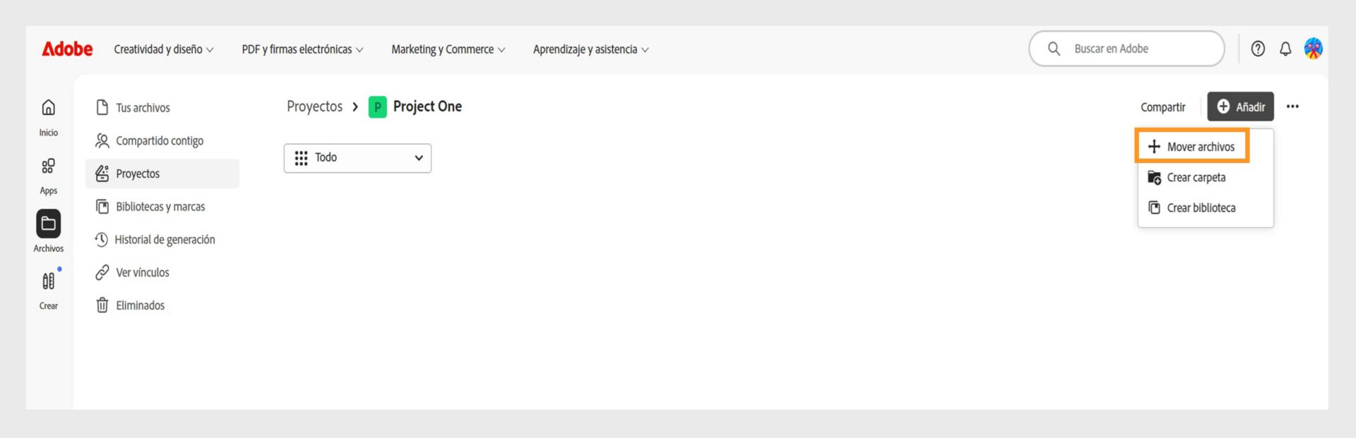 Interfaz de Adobe mostrando el espacio de trabajo "Proyectos". El menú "Añadir" está expandido con la opción "Mover archivos" resaltada, junto a "Crear carpeta" y "Crear biblioteca".