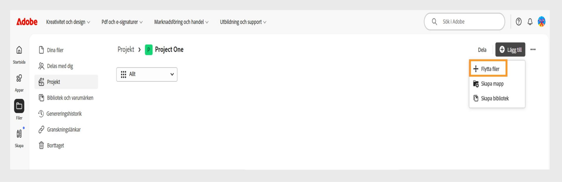 Adobe-gränssnitt som visar arbetsytan "Projekt". Menyn "Lägg till" är expanderad med alternativet "Flytta resurser" markerat, tillsammans med "Skapa mapp" och "Skapa bibliotek".