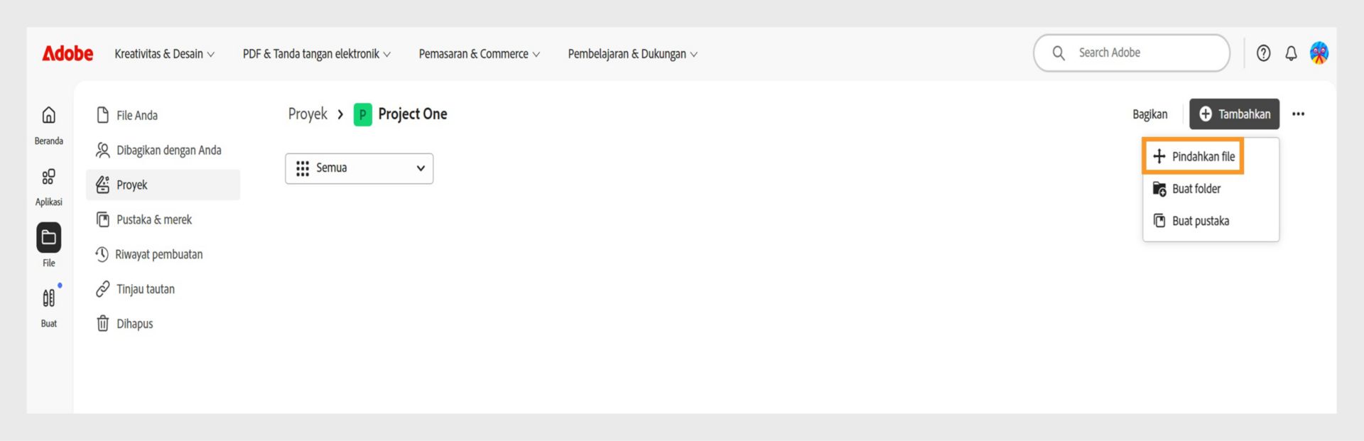 Antarmuka Adobe memperlihatkan ruang kerja "Proyek". Menu "Tambah" diperluas dengan opsi "Pindahkan file" yang disorot, di samping "Buat folder" dan "Buat pustaka".