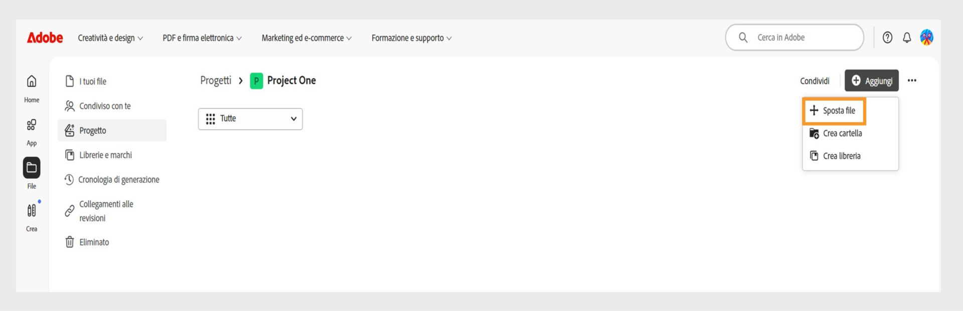 Interfaccia Adobe che mostra l'area di lavoro "Progetti". Il menu "Aggiungi" è espanso con l'opzione "Sposta file" evidenziata, insieme a "Crea cartella" e "Crea libreria".