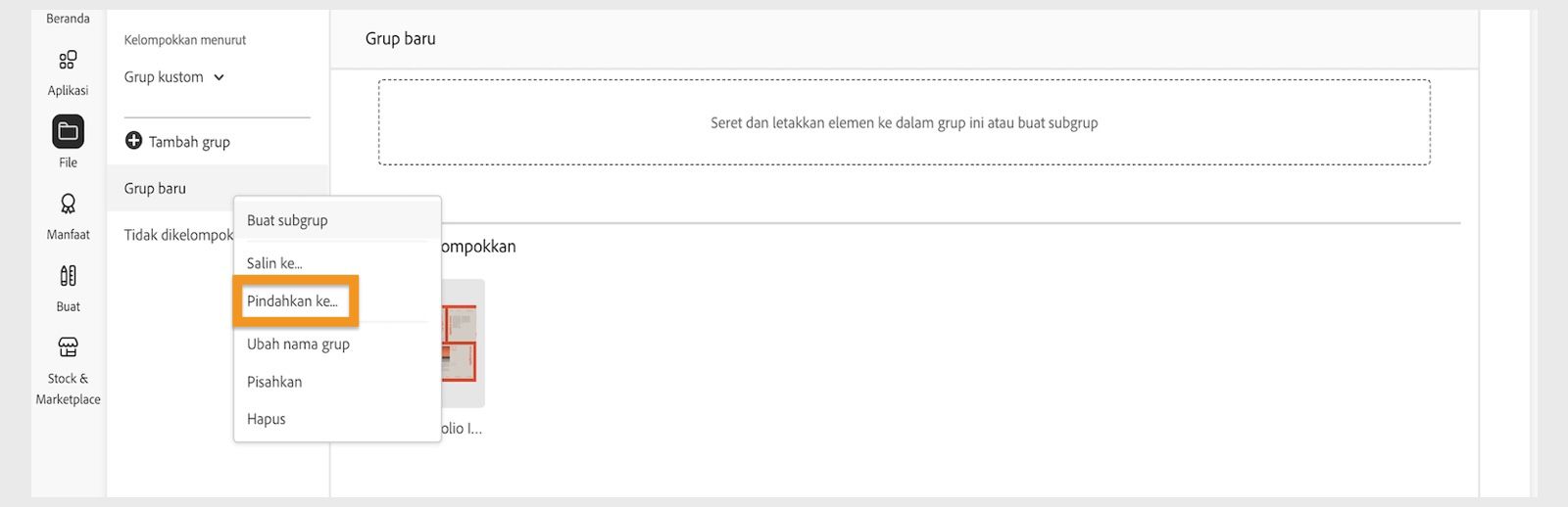 Menu konteks elemen pustaka, yang muncul saat Anda mengklik kanan elemen pustaka, menyediakan opsi untuk memindahkan elemen pustaka tersebut. 