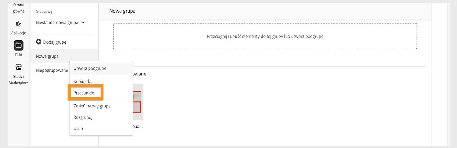 Menu kontekstowe elementu biblioteki, które pojawia się po kliknięciu prawym przyciskiem myszy na element biblioteki, oferuje opcję przeniesienia elementu biblioteki. 