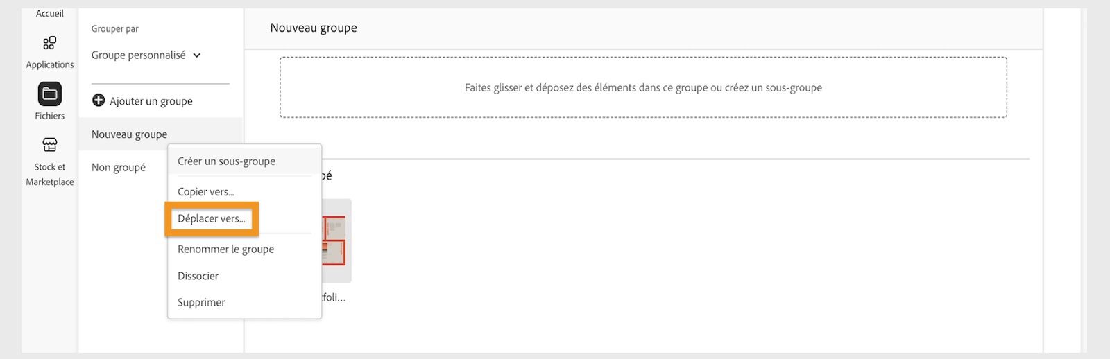 Le menu contextuel de l'élément de bibliothèque, qui apparaît lorsque vous faites un clic droit sur un élément de bibliothèque, offre l'option de déplacer l'élément de bibliothèque. 