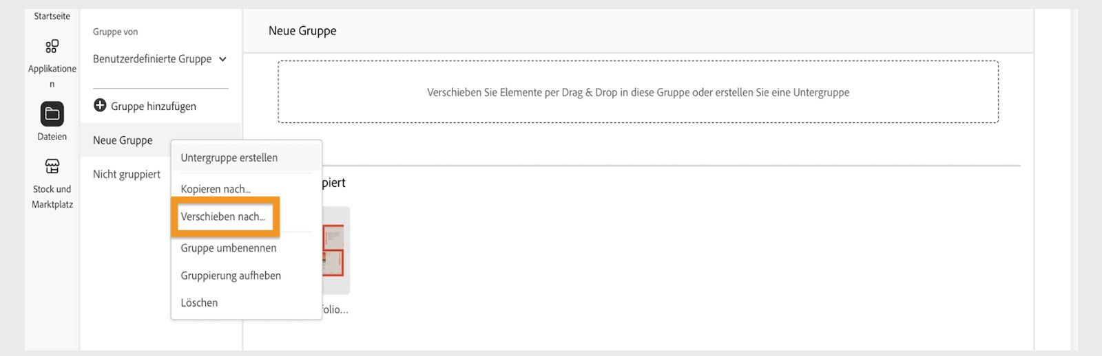 Wenn du mit der rechten Maustaste auf ein Bibliothekselement klickst, wird ein Kontextmenü eingeblendet. Es enthält eine Option zum Verschieben des Bibliothekselements. 