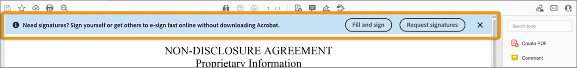 הודעה להשתמש בכלי Fill & Sign או בכלי Request Signatures