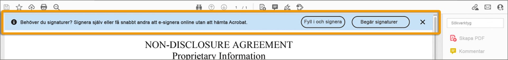 Uppmaning om att använda verktyget Fyll i och signera eller verktyget Begär signaturer