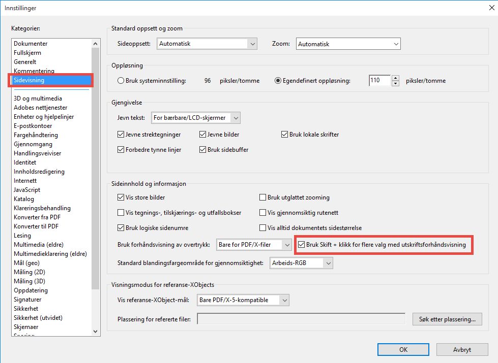 Flere valg med utskriftsforhåndsvisning