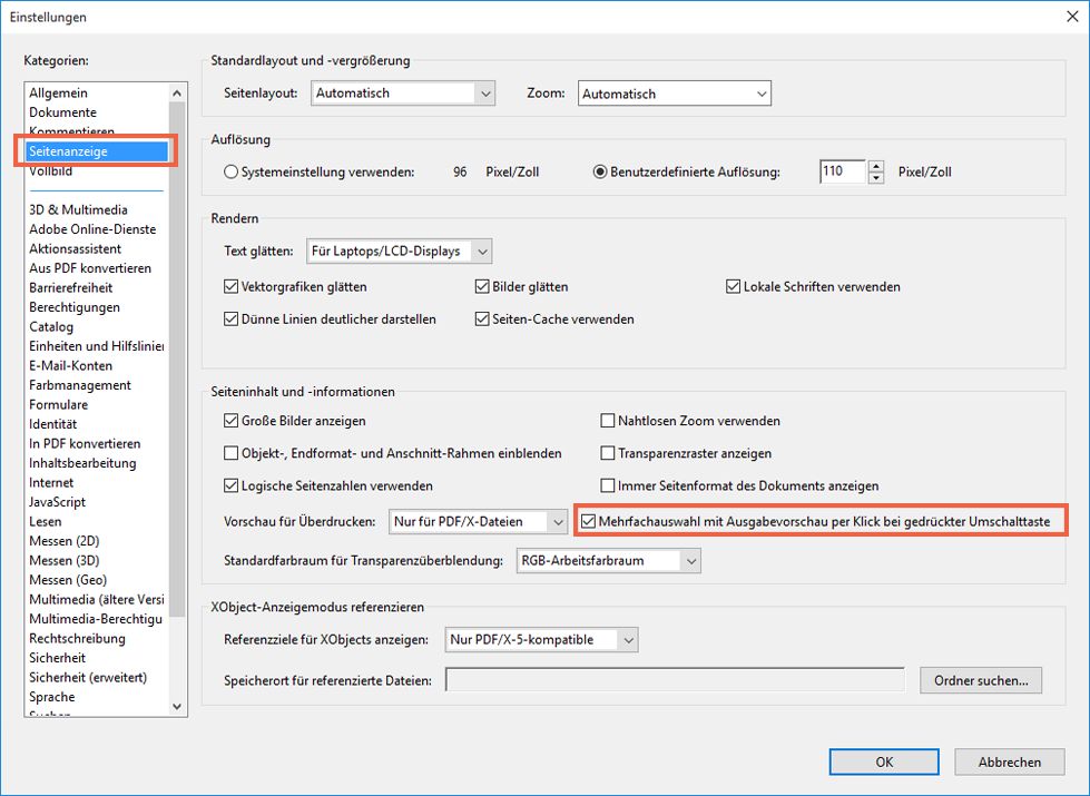 Mehrfachauswahl bei Ausgabevorschau