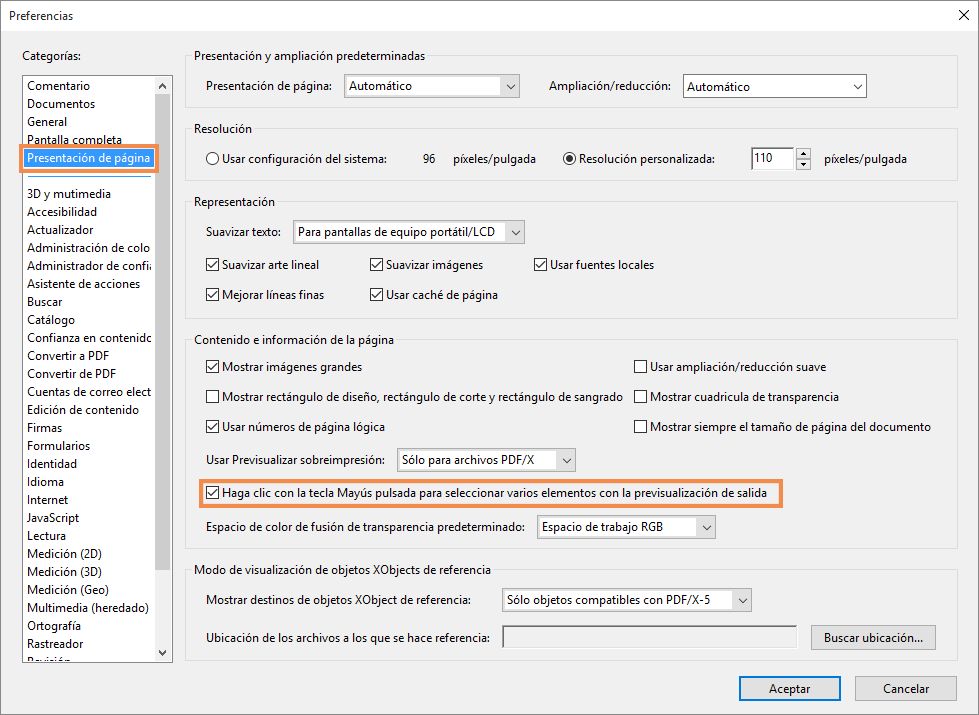 Selección múltiple con previsualización de salida