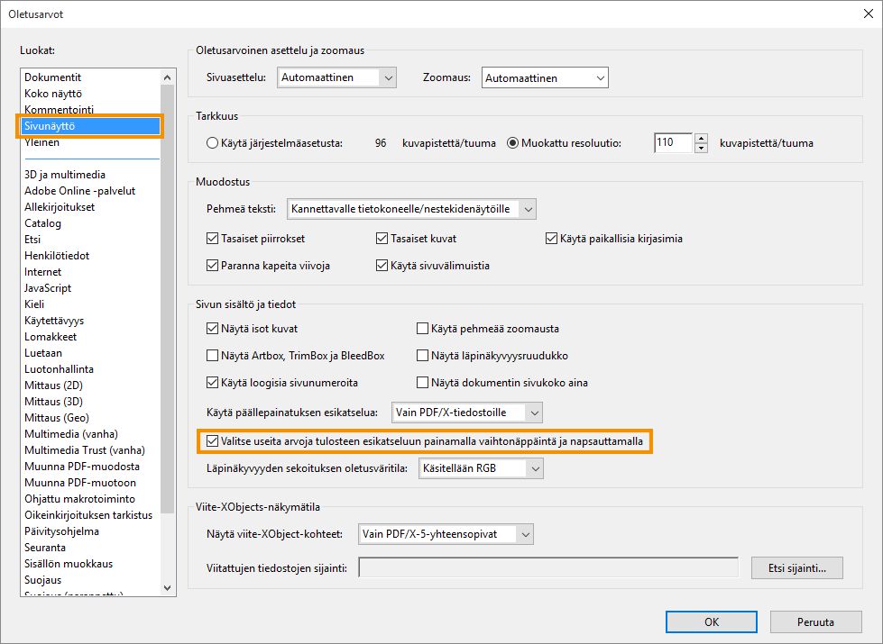 Monivalinta tulostuksen esikatselua käytettäessä