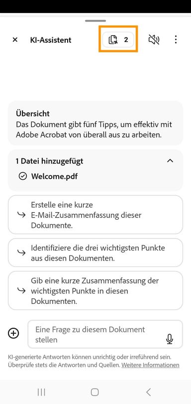 Das Symbol für die Anzahl der Dateien in der Sammlung wird in Acrobat Mobile hervorgehoben.