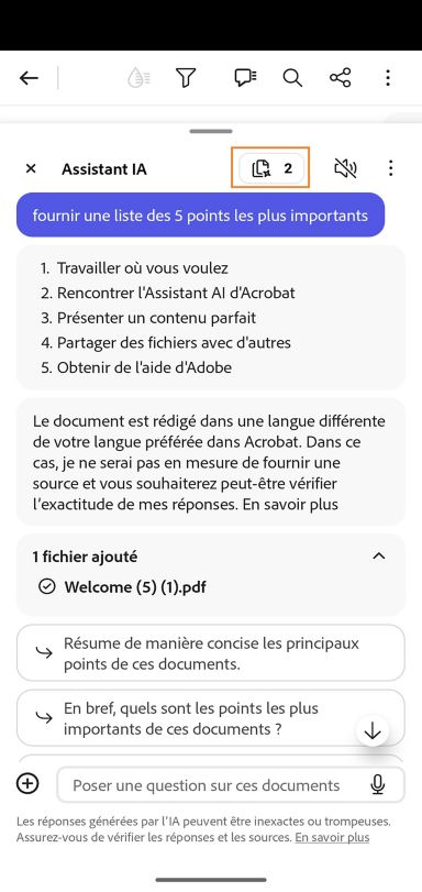 Le nombre de fichiers dans la collection est mis en surbrillance dans Acrobat mobile.