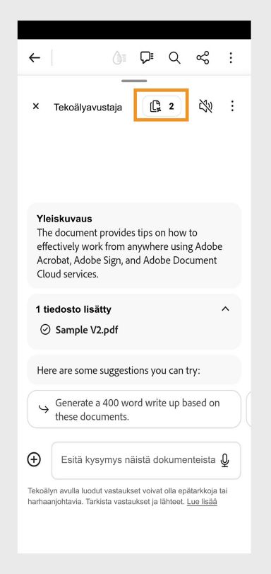 Kokoelmassa olevien tiedostojen lukumäärä -kuvake on korostettu Acrobat-mobiilisovelluksessa