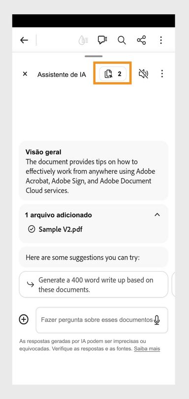 O número de arquivos no ícone de coleção destacado no Acrobat para dispositivos móveis