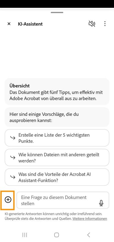 Das Fenster „KI-Assistent“ wird in Acrobat Mobile für Android geöffnet. Die Schaltfläche „Hinzufügen“ unten links wird hervorgehoben. 