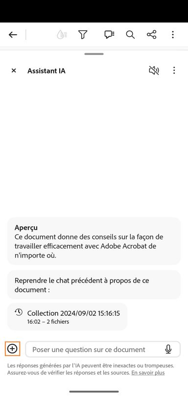 La fenêtre Assistant IA est ouverte dans Acrobat mobile sur Android. Le bouton Ajouter est mis en surbrillance dans l’angle inférieur gauche. 