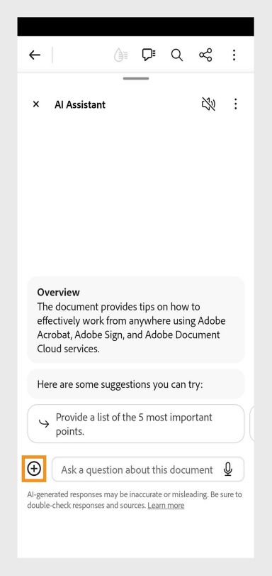 在 Android 的 Acrobat 行動版中開啟「AI 助理」視窗。 系統會強調顯示左下角的新增按鈕。 