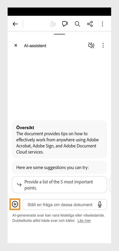Fönstret AI-asssistent är öppet i Acrobat mobile på Android. Lägg till-knappen är markerad i nedre vänstra hörnet. 