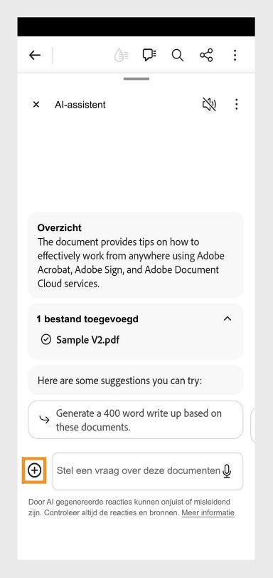 Het venster AI-assistent is geopend in Acrobat Mobile op Android. De knop Toevoegen is linksonder gemarkeerd. 