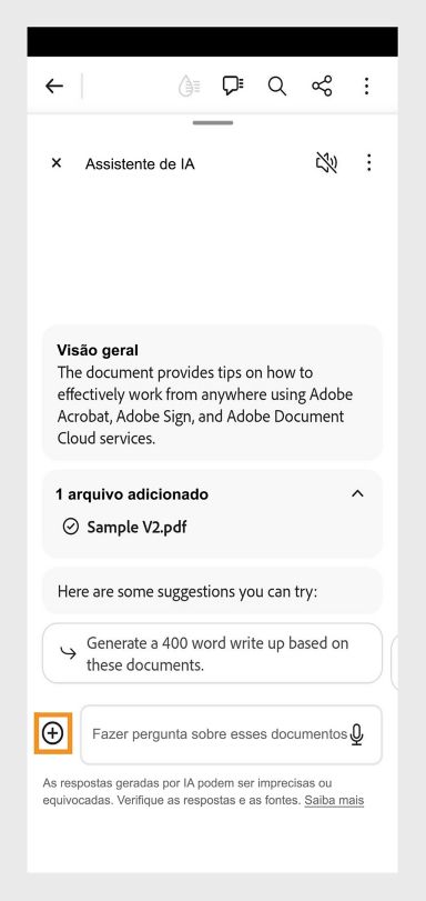 A janela do Assistente de IA aberta no Acrobat para dispositivos móveis no Android. O botão Adicionar destacado no canto inferior esquerdo. 