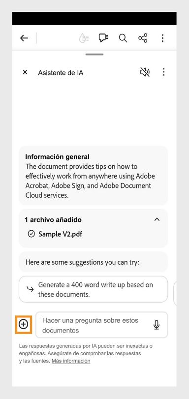 La ventana Asistente de IA se abre en la aplicación móvil de Acrobat en Android. El botón Añadir aparece resaltado en la parte inferior izquierda. 