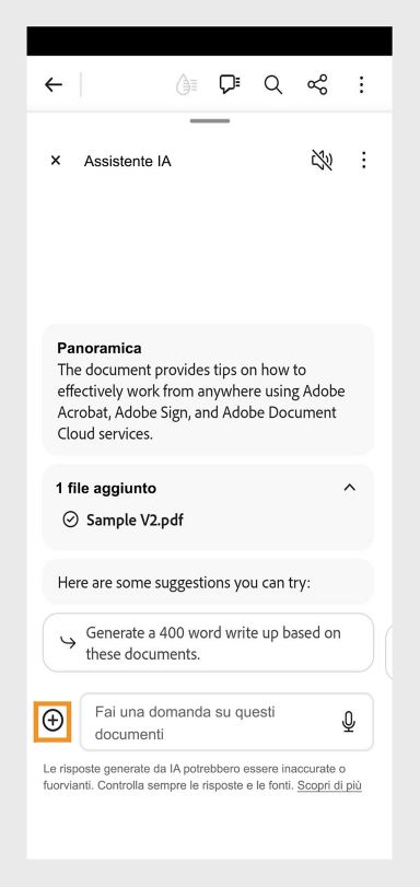 La finestra Assistente IA aperta in Acrobat per dispositivi mobili su Android, con il pulsante Aggiungi evidenziato in basso a sinistra. 