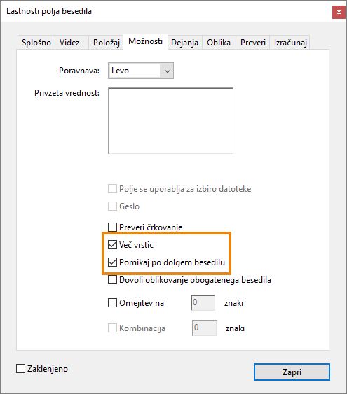 Polje z večvrstičnim besedilom