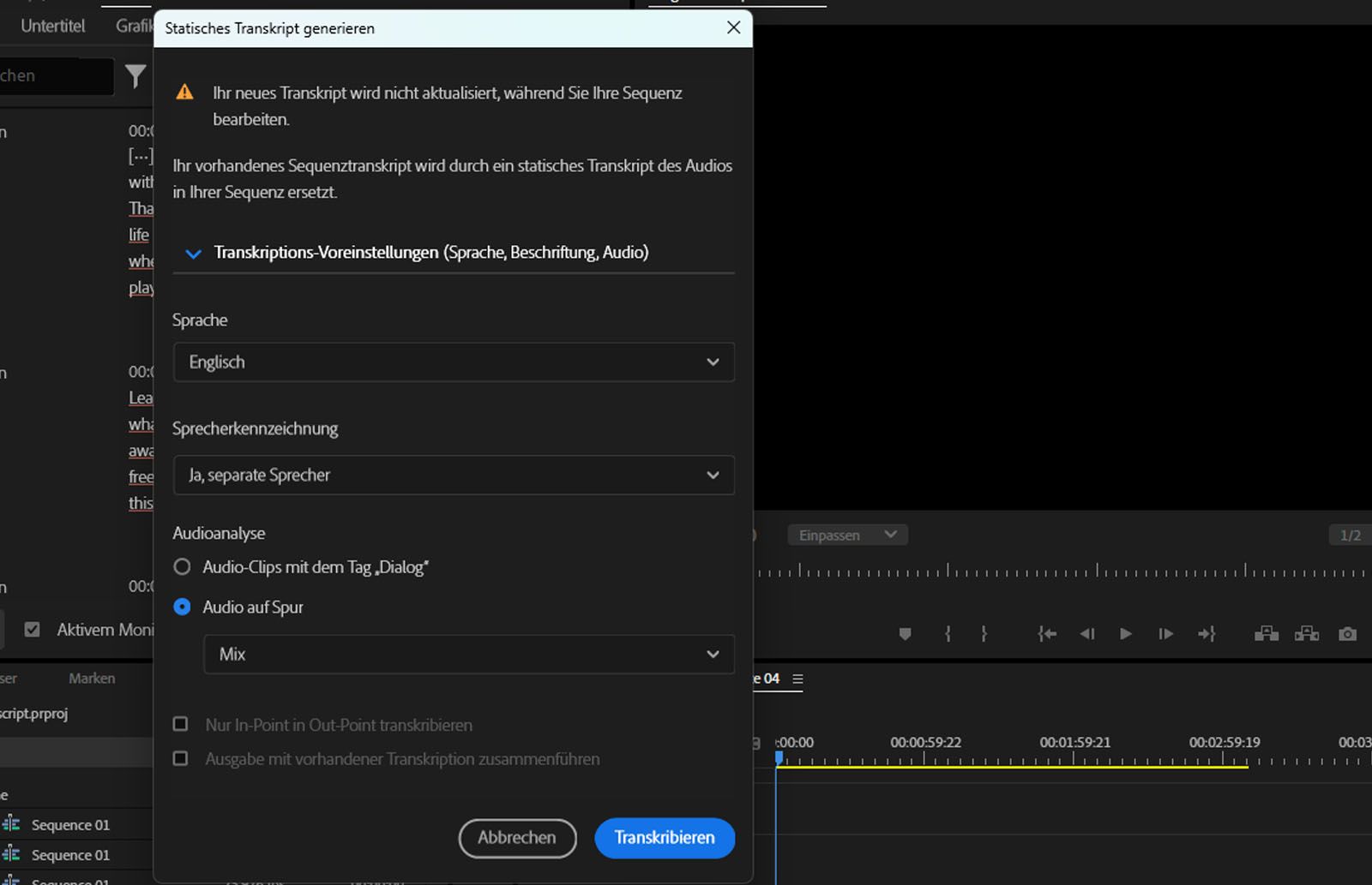 Das Dialogfeld „Statisches Transkript generieren“ ist geöffnet und die Option „Mix“ ist für die Transkription von Audiodateien mit verschiedenen Audiokanälen ausgewählt.