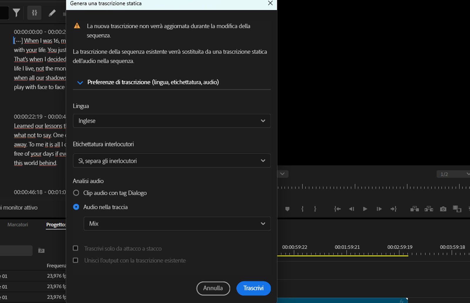 Finestra di dialogo Genera trascrizione statica aperta con l’opzione Mix selezionata per la trascrizione di file audio con canali audio diversi.