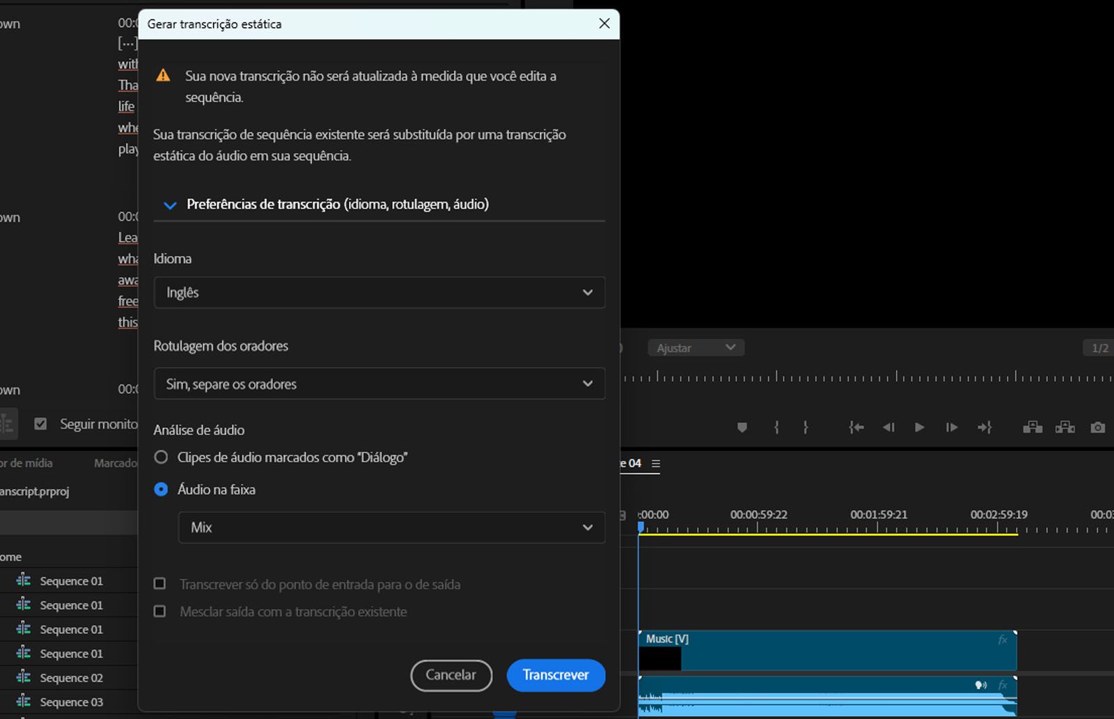 A caixa de diálogo Gerar transcrição estática aberta e a opção Mix selecionada para transcrever arquivos de áudio com diferentes canais de áudio.