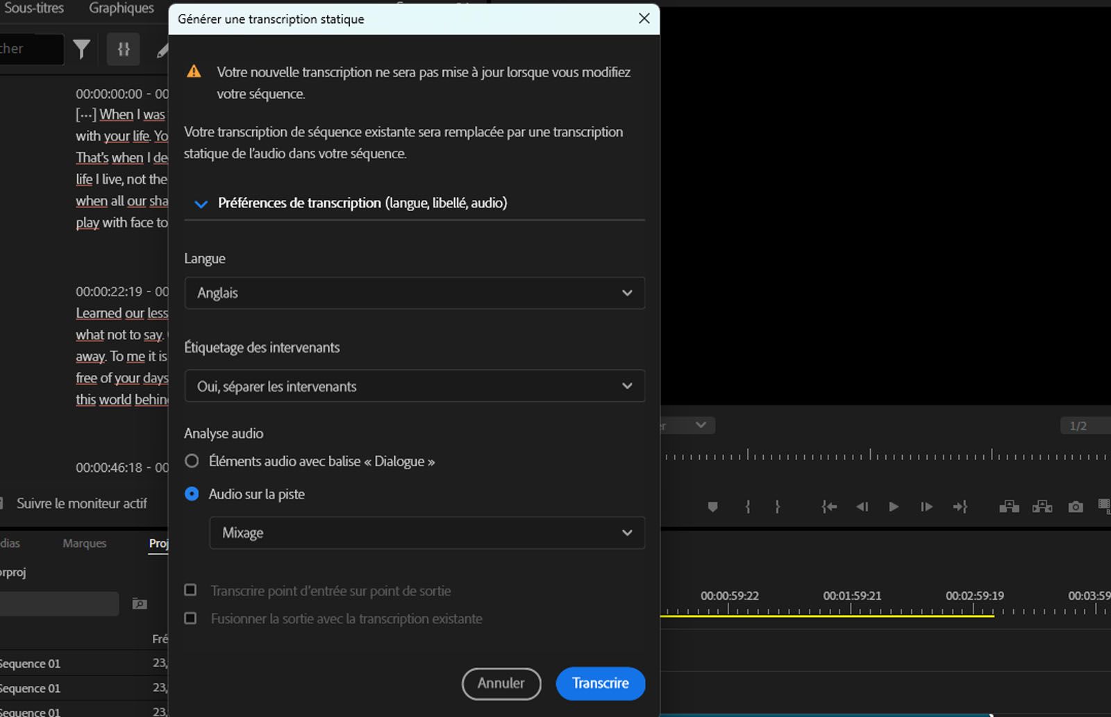 La boîte de dialogue Générer une transcription statique est ouverte et l’option Mixage est sélectionnée pour la transcription de fichiers audio avec différents canaux audio.