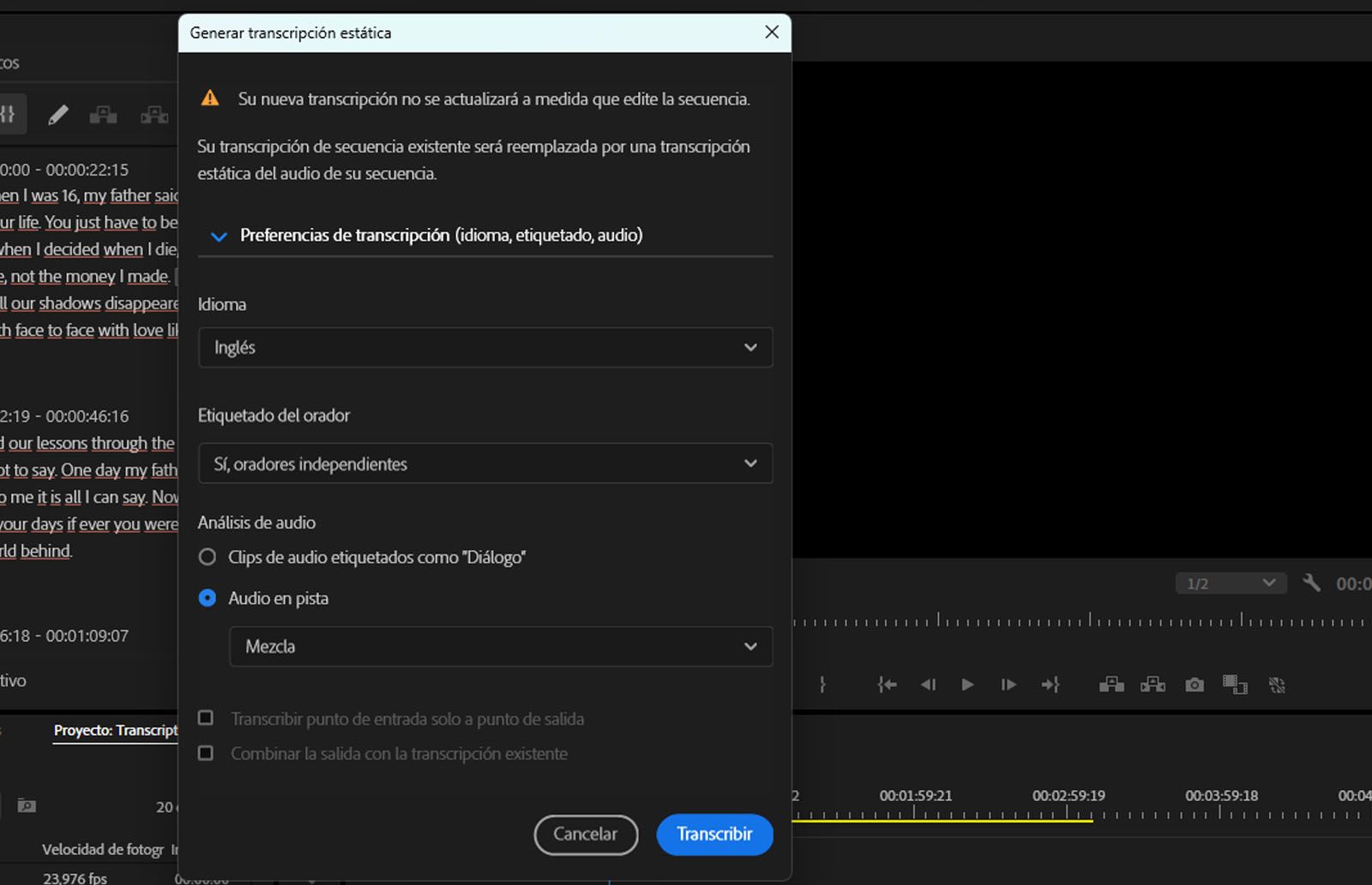 El cuadro de diálogo Generar transcripción estática está abierto y se selecciona la opción Mix para transcribir archivos de audio con diferentes canales de audio.
