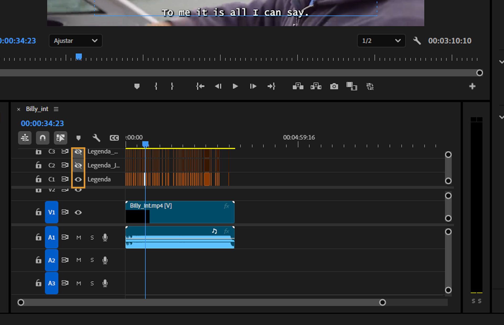 IU do painel “Linha do tempo” com duas de três faixas de legenda ocultas por meio da seleção do ícone de olho. 