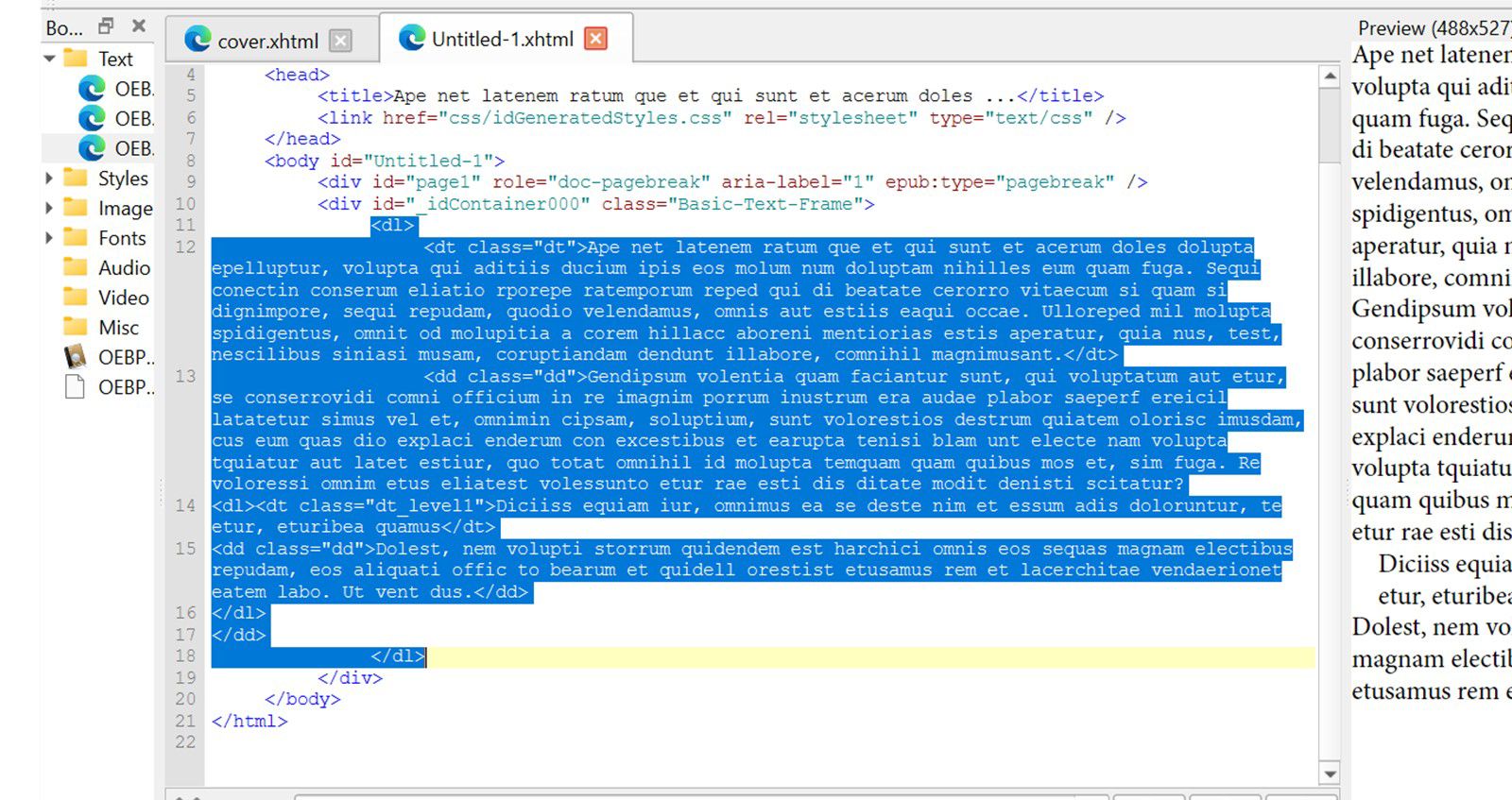 O documento do InDesign mostra uma lista de glossário ao lado do HTML EPUB exportado com as tags da lista de definições destacadas.