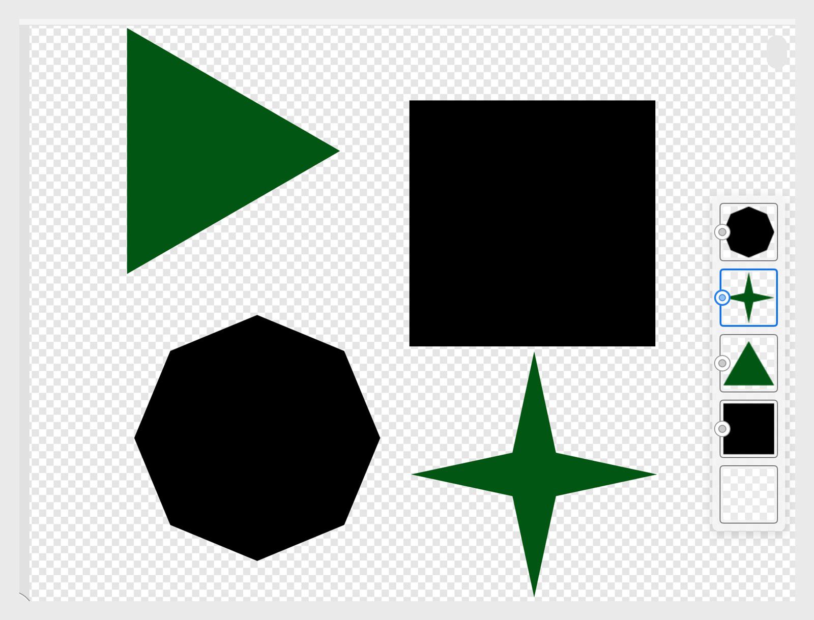 Průhledné plátno s více geometrickými tvary a panel Miniatury vrstev vpravo s vybraným aktivním tvarem.