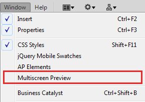 Window > الخيار Multiscreen Preview - قبل Dreamweaver CC