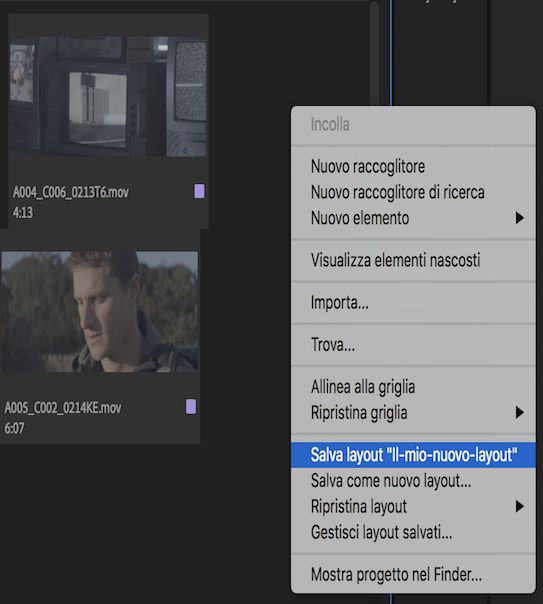 Nuovo layout visibile nel menu di scelta rapida