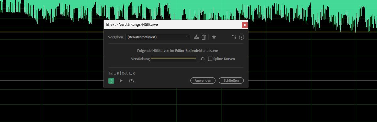 Das Dialogfeld für den Verstärkungs-Hüllkurven-Effekt ist geöffnet, und die Einstellungen sind verfügbar, um die Amplitude über die Zeit zu verstärken oder zu reduzieren.