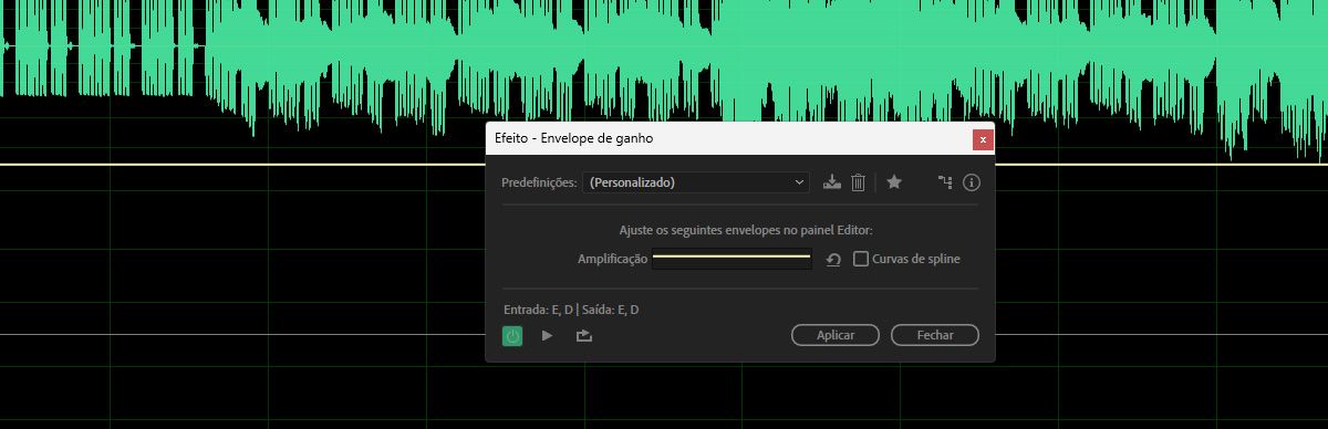 A caixa de diálogo do efeito Gain Envelope está aberta, e as configurações estão disponíveis para aumentar ou reduzir a amplitude ao longo do tempo.