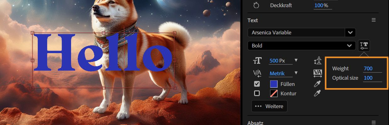 Das Popup-Fenster „Variable Schriftart“ ist geöffnet, in dem du den Wert mit dem Scrubbing-Regler anpassen kannst.