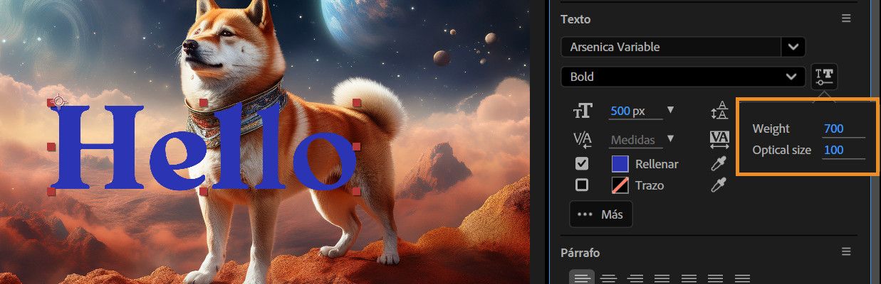 El elemento emergente Fuente variable está abierto, lo que le permite ajustar el valor usando el control de desplazamiento.