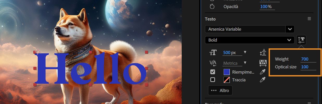 La finestra a comparsa Font variabile è aperta, consentendoti di regolare il valore utilizzando il controllo di scorrimento.